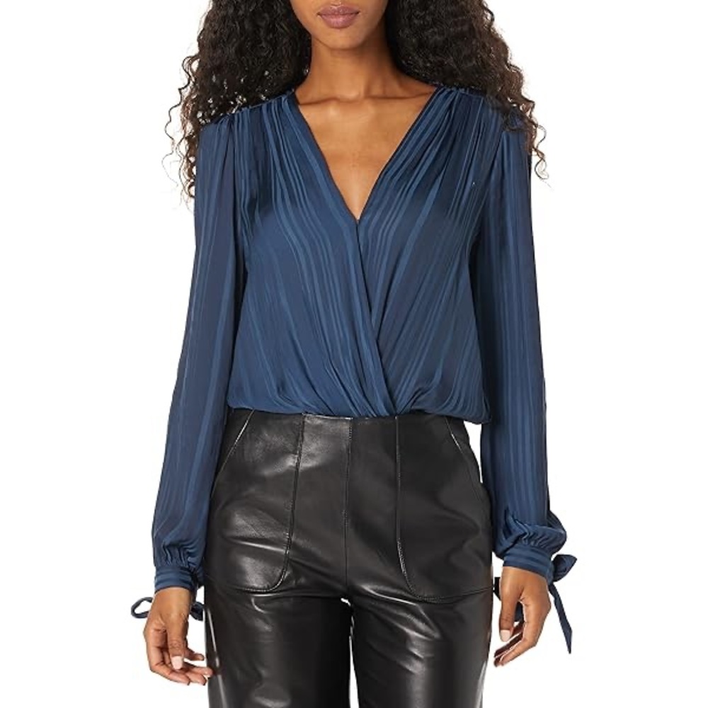 PAIGE Donatella Bodysuit in Dark Ink Blue Satin Surprise XS